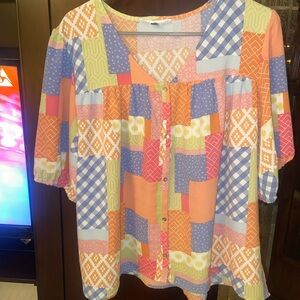 Vibrant Patchwork Button-Up Blouse by Michelle McDowell
